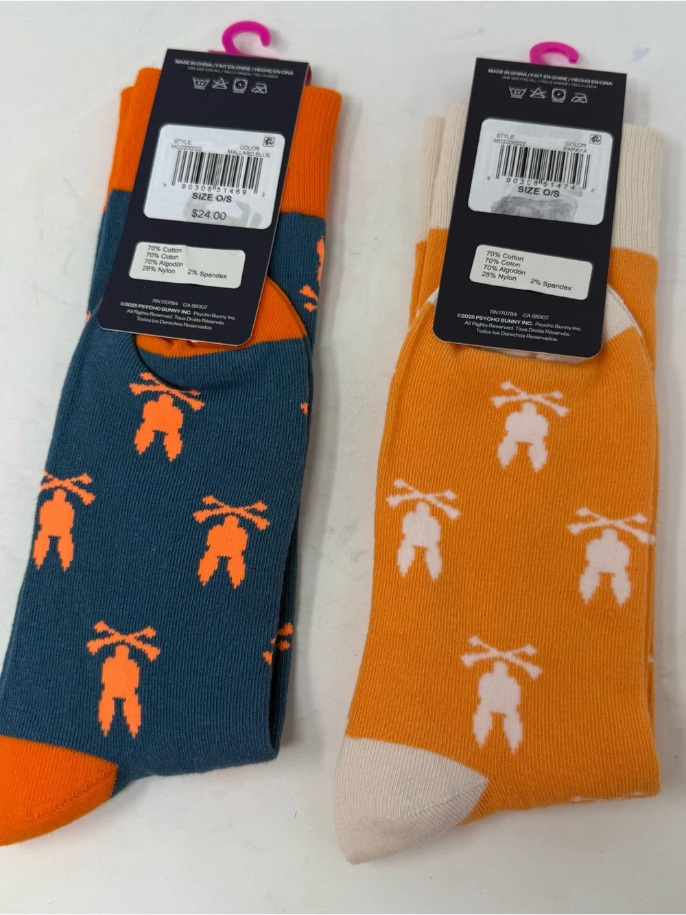 Psycho Bunny Men’s Repeating Logo Pima Cotton Blend Socks 2 pair Orange Blue NWT